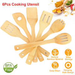 Set Of 6Pcs Cooking Utensil Bamboo Wooden Spoons Spatula Kitchen Cooking Tools Nonstick Wooden Cookware Kitchen Gadgets