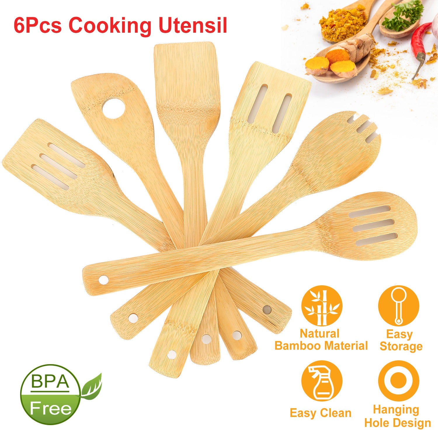 Set Of 6Pcs Cooking Utensil Bamboo Wooden Spoons Spatula Kitchen Cooking Tools Nonstick Wooden Cookware Kitchen Gadgets