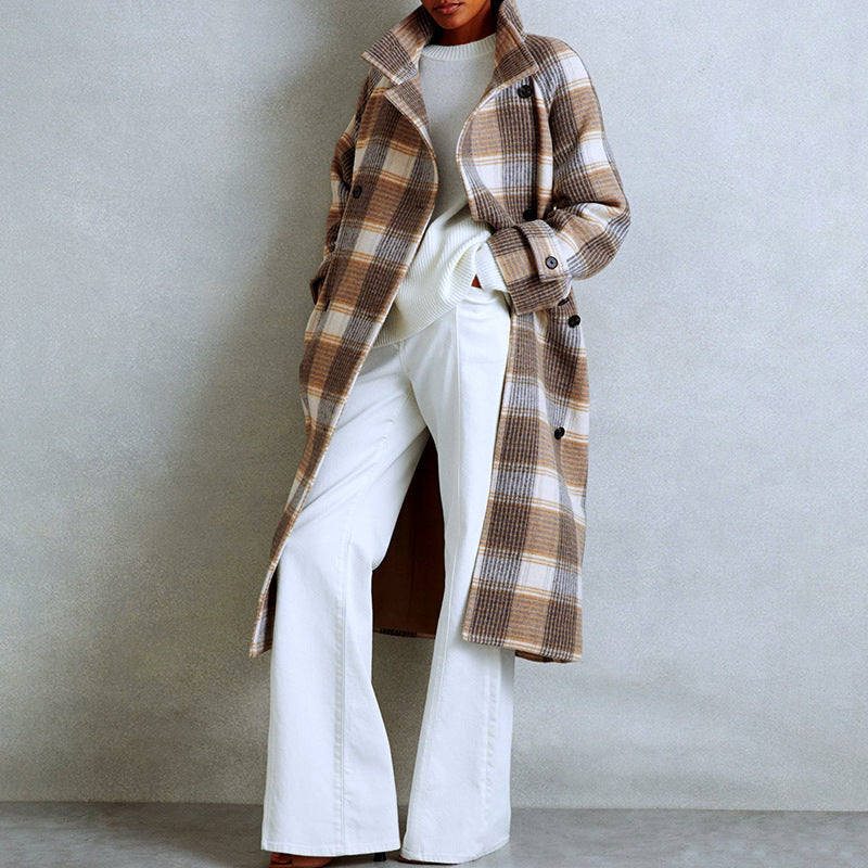 Women's Contrast Color Plaid Coat Waist-tied Coat