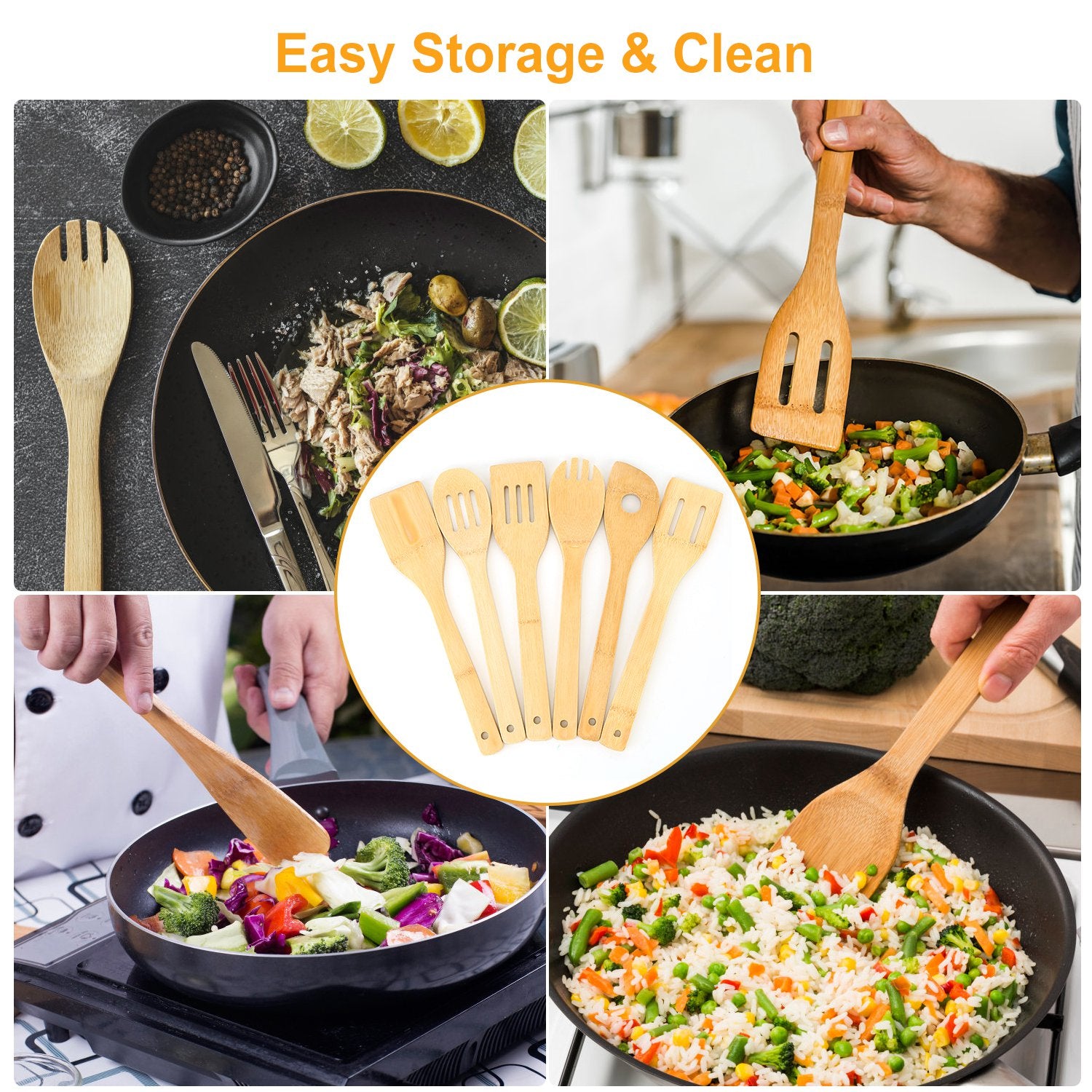 Set Of 6Pcs Cooking Utensil Bamboo Wooden Spoons Spatula Kitchen Cooking Tools Nonstick Wooden Cookware Kitchen Gadgets